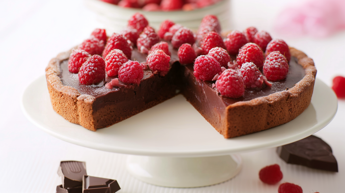 Angeschnittene Himbeer-Schoko-Tarte auf einer Etagere.