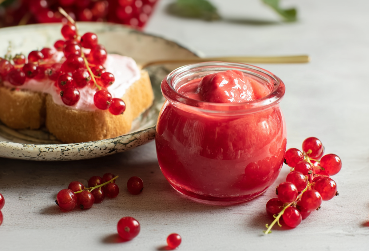 Ein Glas mit Johannisbeeren-Curd auf einem grauen Tisch. Um das Glas liegen einige Johannisbeeren verteilt. Links neben dem Glas steht ein Teller mit einem Brot, auf dem der Aufstrich sowie einige Johannisbeeren liegen.