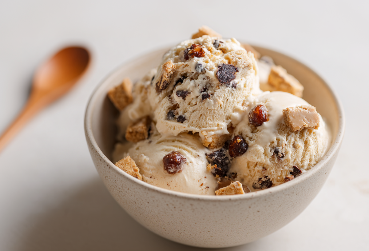Eine Schale Keksteig-Eis. Links im Hintergrund liegt ein Holzlöffel. Das Eis ist mit Keksteig-Stücken, Schokodrops und karamellisierten Haselnüssen zubereitet.
