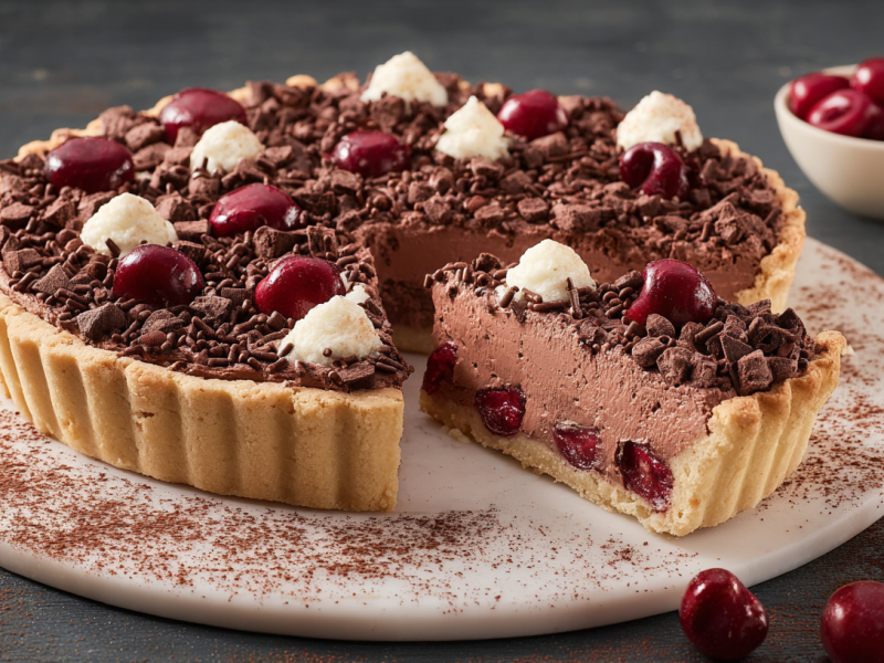 Kirsch-Schoko-Kuchen ohne Backen auf einer Marmorplatte, garniert mit Schokolade, Kirschen und Sahne.
