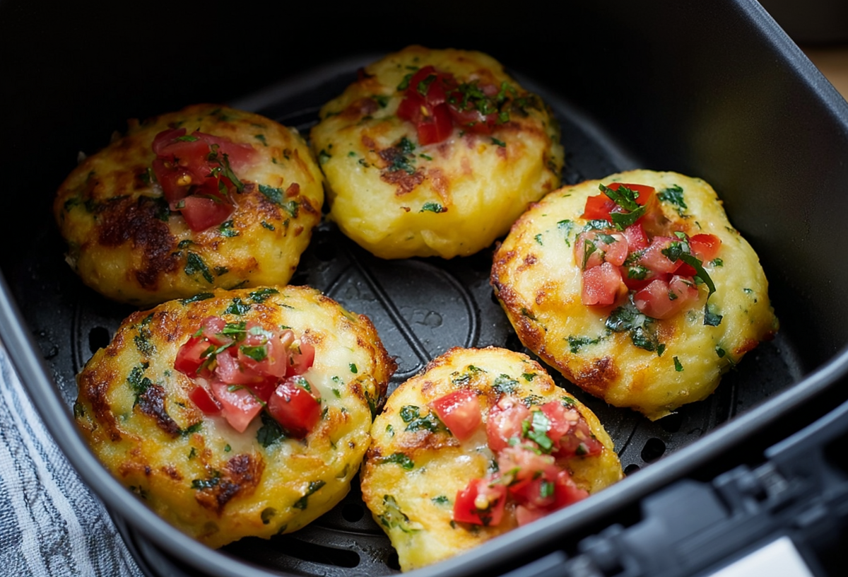 5 Knödeltaler liegen in einem Airfryer. Ein Handtuch-Zipfel ist zu sehen.