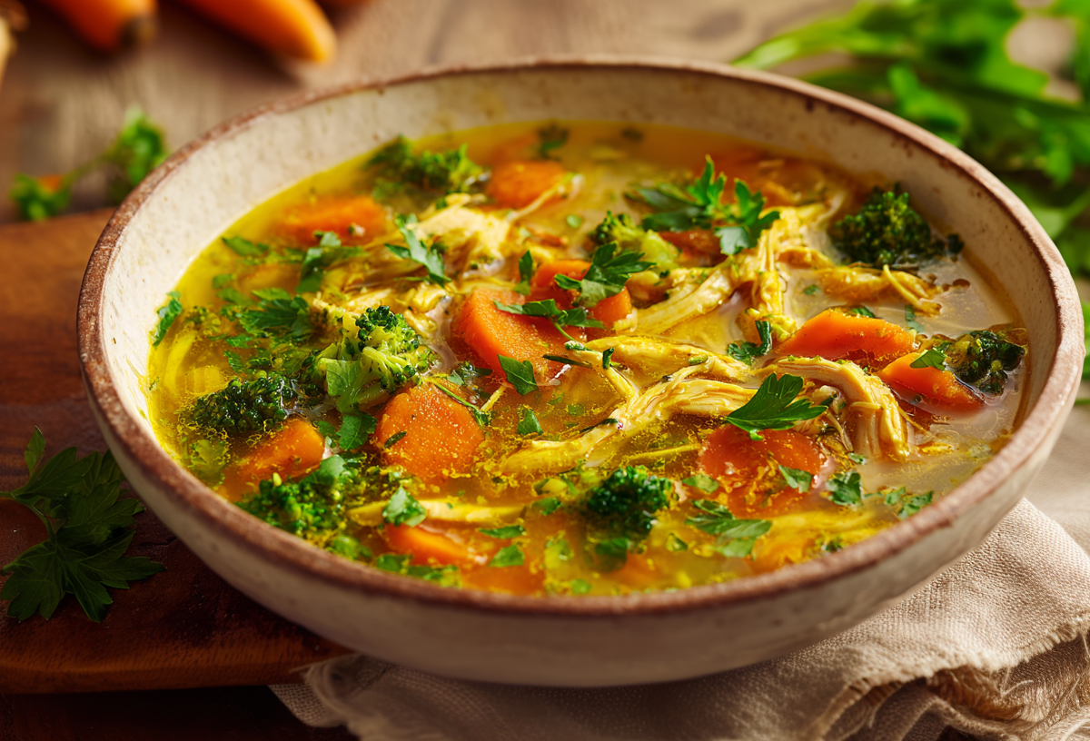 Eine Schüssel Kurkuma-Hühnersuppe auf einem Holzbrett. Die Hühnersuppe ist mit Karotten, Brokkoli und frischen Kräutern zubereitet. Um die Schüssel verteilt liegen einige der Zutaten. Hinten links sieht man eine Zwiebel und Karotten, rechts frische Petersilie und eine Knoblauchzehe.