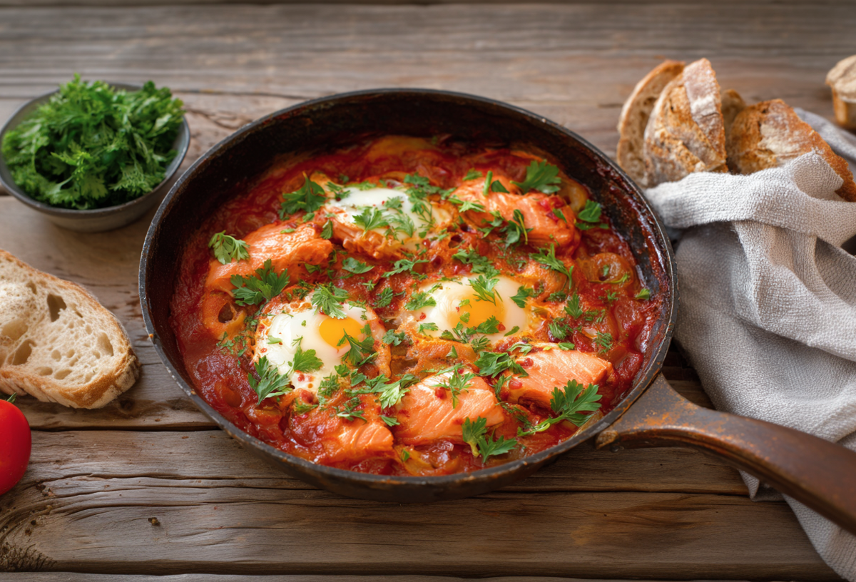 Eine Pfanne mit Lachs-Shakshuka auf einem Holztisch. Links im Bild sieht man frische Petersilie, Brot und Tomaten. Rechts daneben ein graues Tuch mit mehr Brot.
