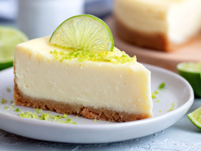 Ein Stück Limetten-Cheesecake, der mit Zesten und einer Limettenscheibe dekoriert ist.