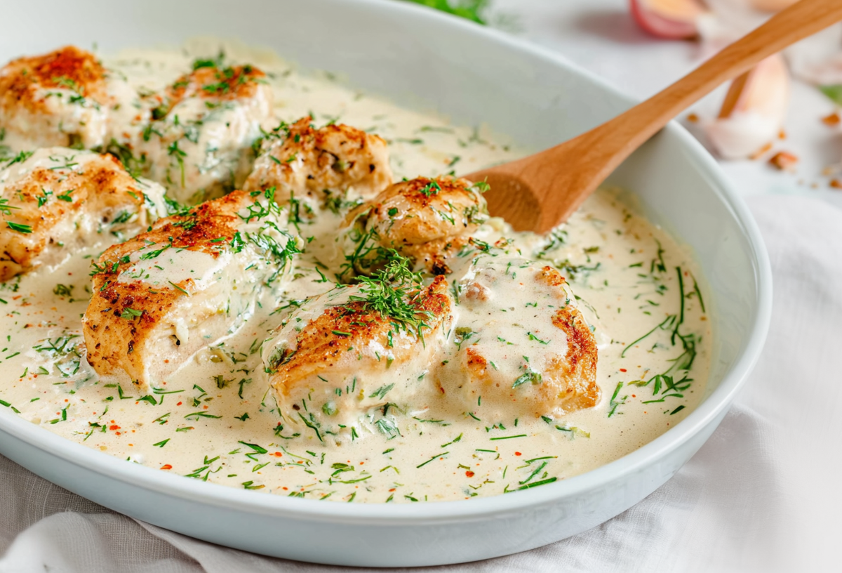 Philadelphia-Hähnchen, serviert in einer Auflaufform.