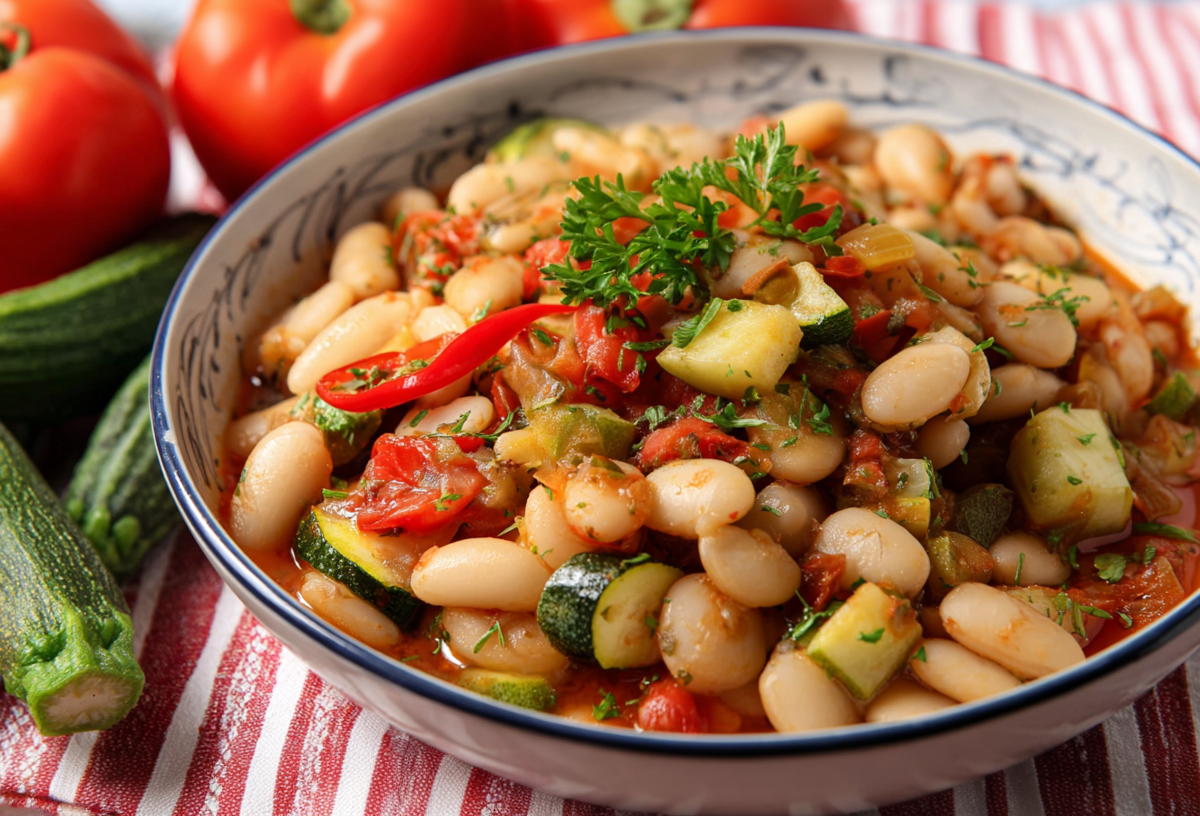 Ein Teller mit Riesenbohnen-Ratatouille. Daneben liegen einige Zucchini und Tomaten als Dekoration.