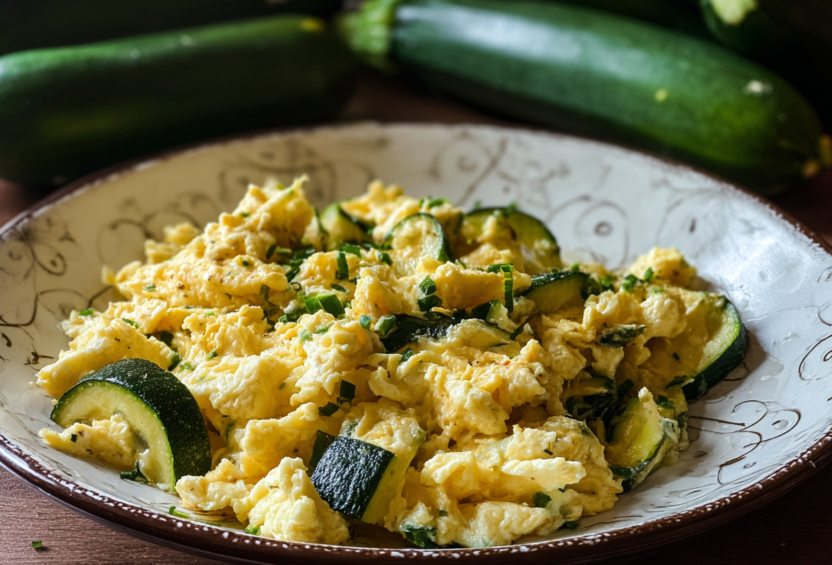 Ein Teller Rührei mit Zucchini und Hüttenkäse.