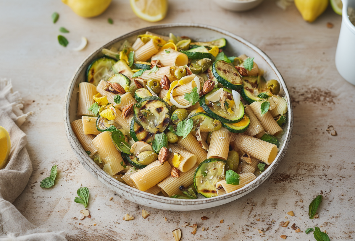 Ein Teller mit Zucchini-Nudelsalat. Um den Teller liegen frische Kräuter und gehackte Mandeln verteilt. Links im Bild liegt ein beiges Tuch mit einer geviertelten Zitrone darauf. Oben im Bild sieht man weitere Zitronen.
